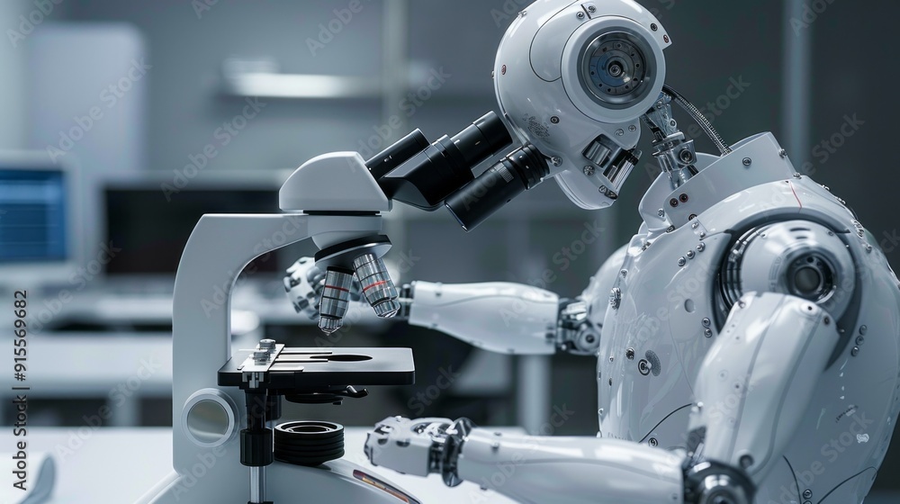 Poster a robot is sitting at a microscope, looking at a slide