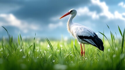 Fototapeta premium White stork standing in a green field under a cloudy sky.