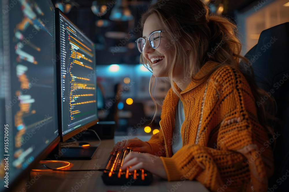 Aufkleber programmer woman with long hair, wearing eyeglasses, laughing while coding on computer.