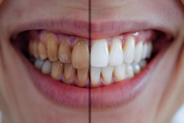 Fototapeta premium Close-up of a laughing woman's teeth before and after whitening, with some people wearing eyeglasses.