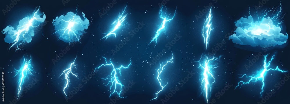 Poster this realistic 3d modern set consists of lightning strikes, thunderclouds, a powerful energy flash a