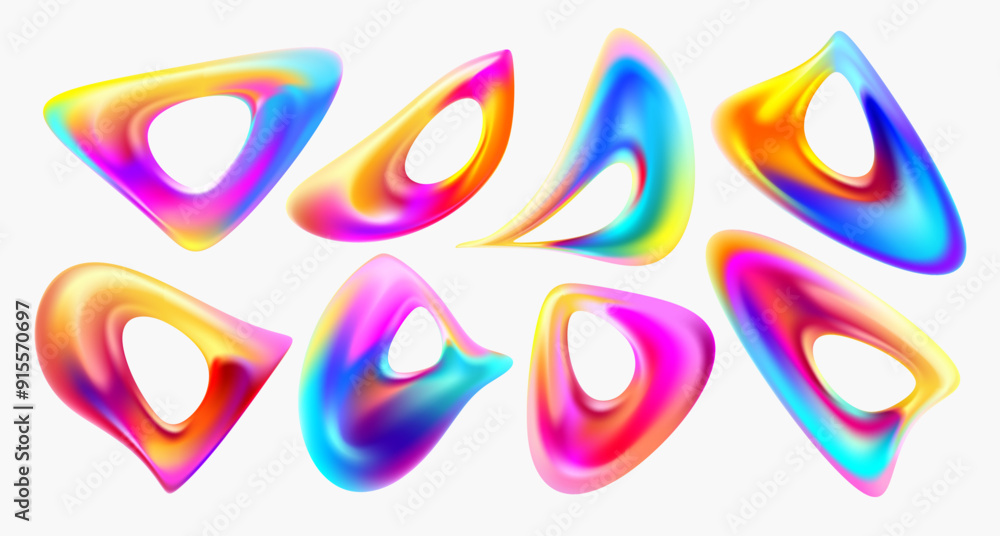 Poster set of iridescent fluid shapes and bubbles. collection of colorful vector design elements.
