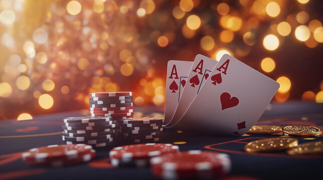 A poker hand of four aces and a stack of poker chips on a casino table with bokeh lights in the background.