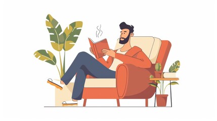 Man Relaxing in Armchair Reading a Book - Cozy Home Lifestyle Illustration