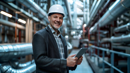 Engineer using tablet in industrial plant. Modern manufacturing, production control concept. Monitoring automated processes with digital technology. Smart factory optimization, efficiency management