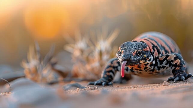 A Gila monster crawls across the desert floor, its tongue flicking.