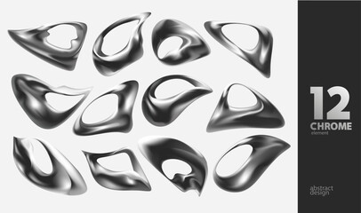 Set of chrome fluid shapes and forms. Collection of monochrome vector design elements.