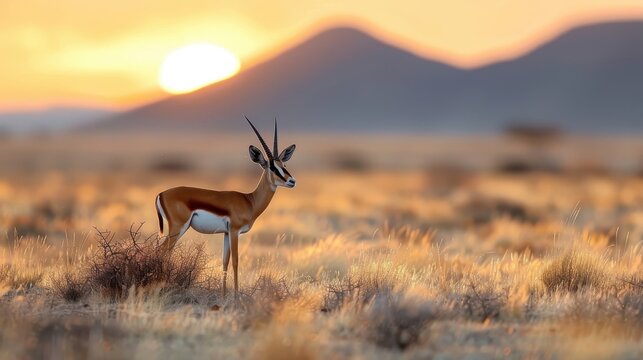 A springbok silhouetted against the setting sun.