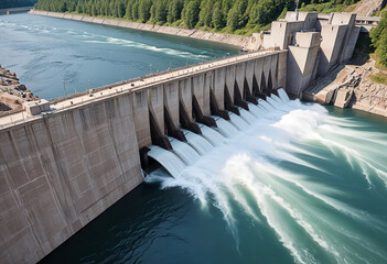 A close-up of a hydroelectric dam, showcasing the power of flowing water harnessed for clean energy.