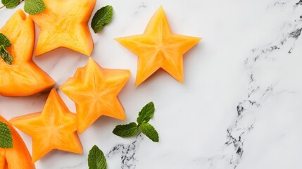 Obraz premium An overhead shot of papayas cut into star shapes, arranged on a marble surface, accompanied by fresh mint leaves
