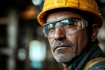  Middle-aged industrial worker in a steel plant wearing safety gear and a yellow helmet, confidently facing the camera with an out-of-focus background. Emphasizes safety and professional experience.