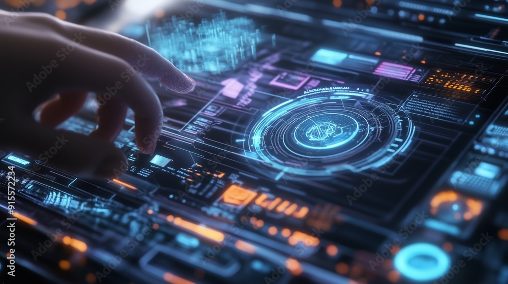 Poster interactive digital interface with futuristic graphics and touch-sensitive controls at night