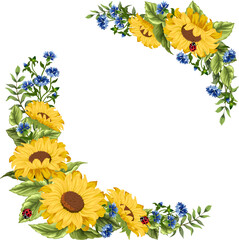 Fototapeta premium Sunflowers and cornflowers in illustration.Colored vector illustration with sunflowers and cornflowers.