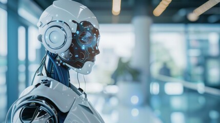 A robot with a white body and blue eyes stands in front of a window