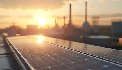 Obraz premium Close-Up Photo of Solar Panels on Factory Roof with Sunlight Reflection and Industrial Equipment