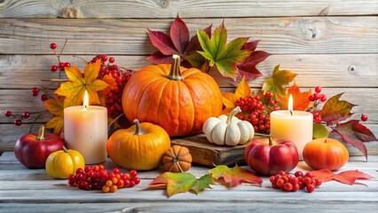 Vibrant autumnal arrangement featuring pumpkins, candles, colorful leaves, and luscious berries on a rustic white wooden background, evoking warmth and cozy seasonal ambiance.