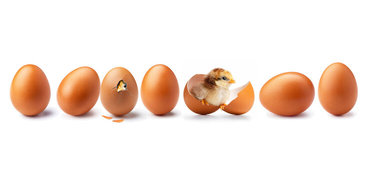 A baby chick just hatched while another chick is breaking through the egg shell in a generative AI image of six chicken eggs isolated on a white background.