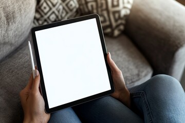 PNG mockup of digital tablet, transparent design of woman working from home