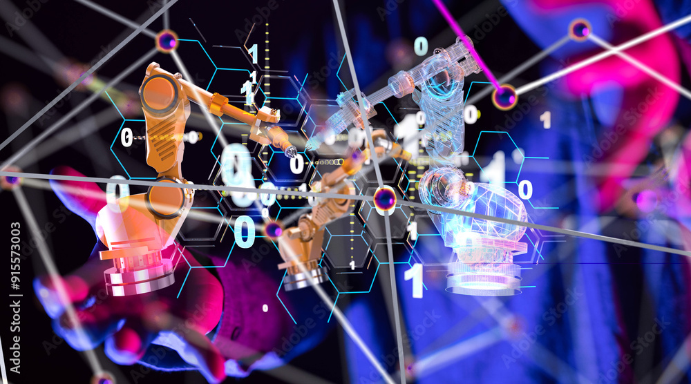 Poster neural network 3d illustration. big data and cybersecurity - 3d