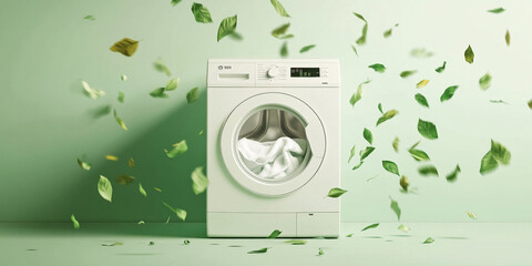 A white washing machine with green leaves flying around it, creating an eco-friendly and sustainable atmosphere