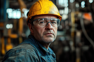 Dedicated middle-aged worker in a steel plant, donning safety glasses and a yellow helmet, posing for a photo with a blurred factory environment. Focuses on industrial safety and professionalism.