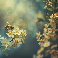 A bee hovering near white flowers with a soft-focus background, emphasizing the gentle beauty of nature.