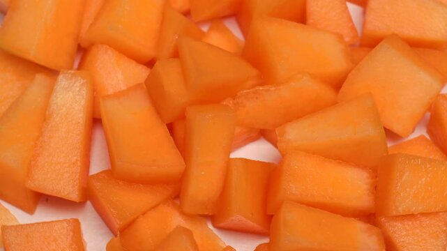 pieces of orange melon, rotation in circle. Cantaloupe melon, Turning. 