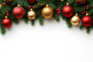 Fototapeta premium Red and Gold Christmas Ornaments Hanging from Pine Branches