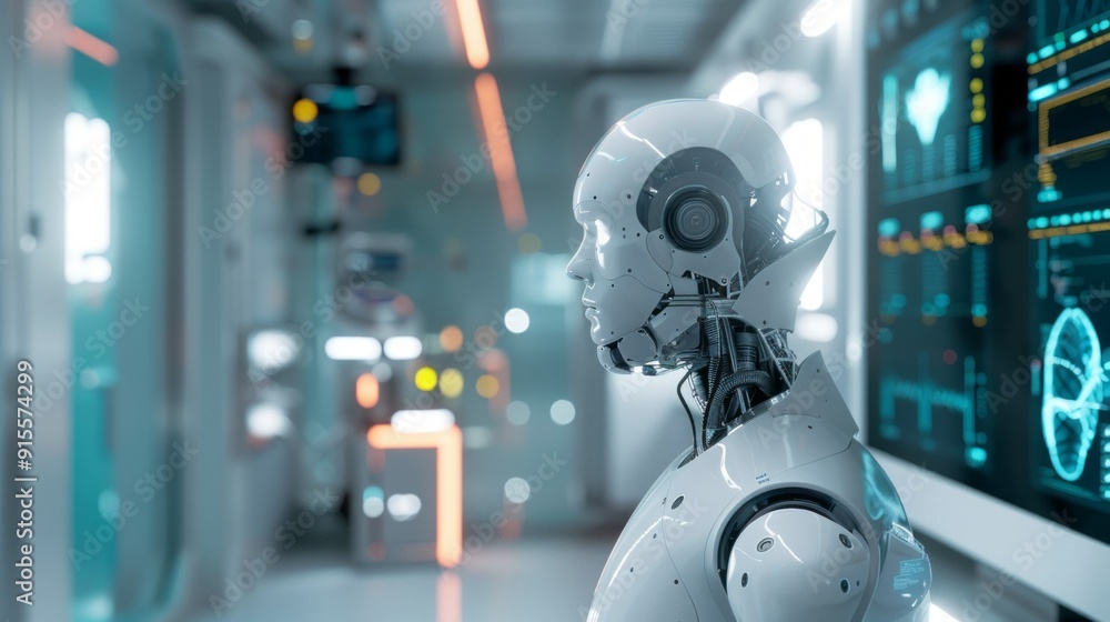 Poster A robot is standing in a room with a computer monitor on the wall