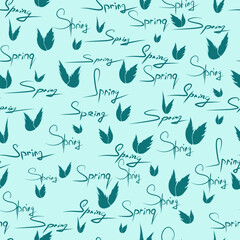 image of the word spring written with a motley brush against a background of bright fireflies for prints on greeting cards, stickers, as well as clothes