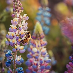 A close-up of a bee collecting nectar from a purple and yellow lupine flower.