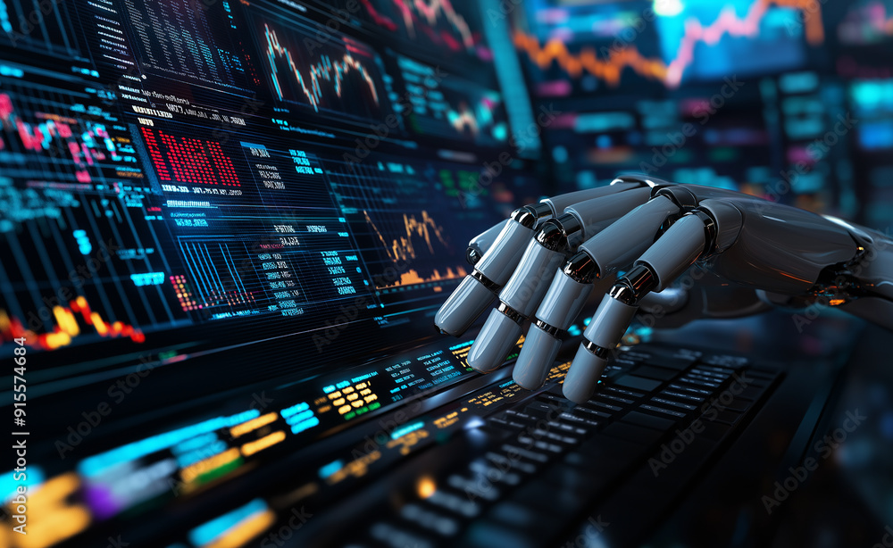 Poster a robotic hand typing on a keyboard surrounded by financial charts on multiple screens.