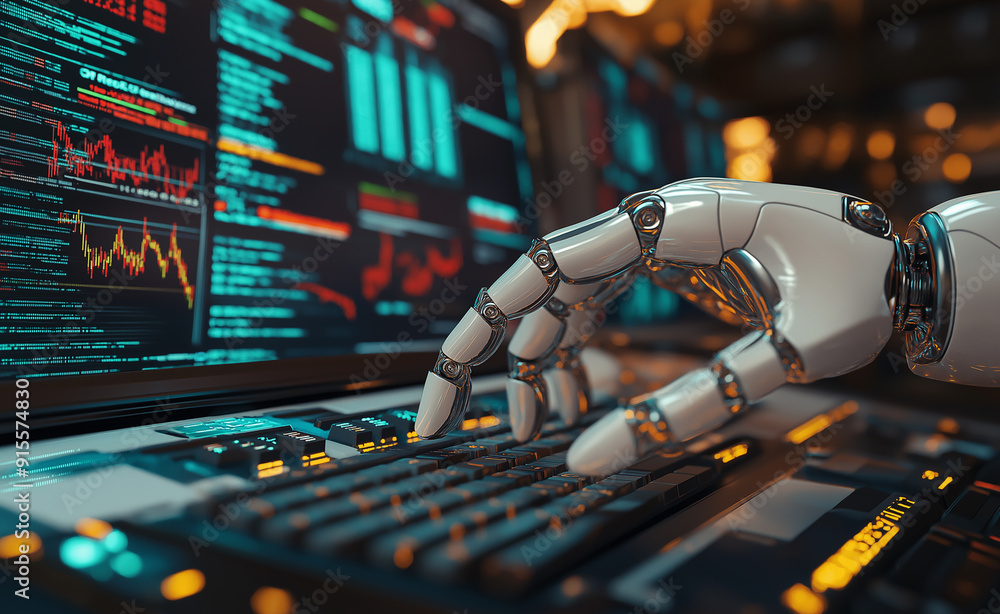 Poster a robotic hand typing on a keyboard surrounded by financial charts on multiple screens.