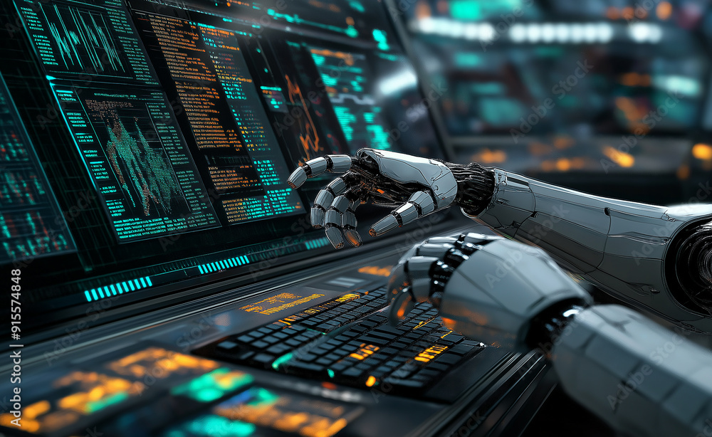 Poster a robotic hand typing on a keyboard surrounded by financial charts on multiple screens.