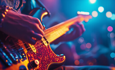 A close-up of a musician playing an electric guitar on stage during a live performance.