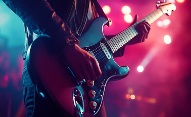 A close-up of a musician playing an electric guitar on stage during a live performance.