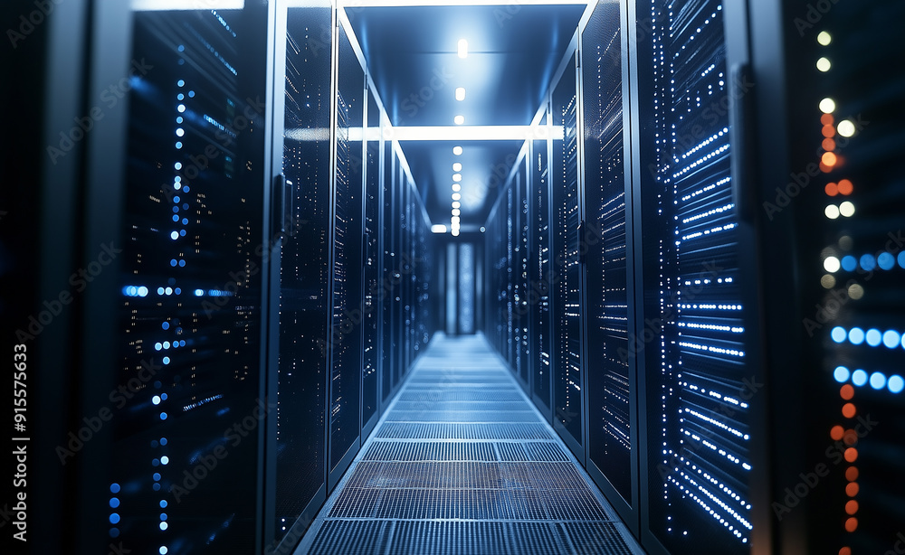 Poster a symmetrical view down a bright and clean data center aisle, lined with server racks on both sides.