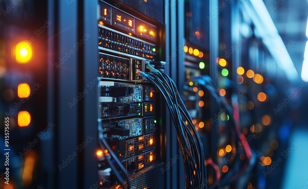 Poster a close-up view of server racks with visible cabling in a data center environment.
