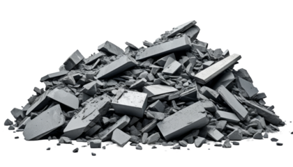 A large accumulation of broken concrete pieces is stacked together, showcasing the remnants of construction or demolition activities