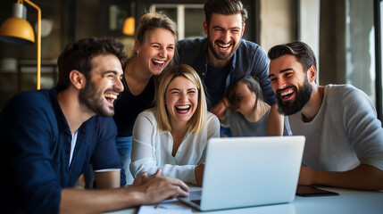Fototapeta premium Group of happy colleagues together in the office, happy cooperation with clients, business cooperation, work meeting, brainstorming 