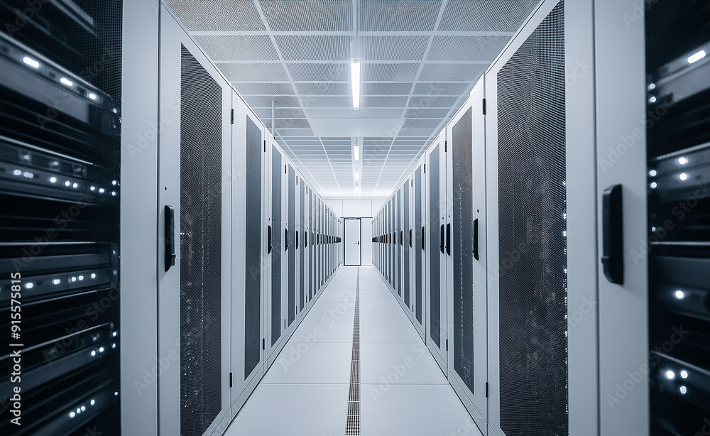 Poster a symmetrical view down a bright and clean data center aisle, lined with server racks on both sides.