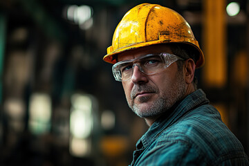  Confident middle-aged worker in a steel plant wearing safety glasses and a yellow helmet, posing for the camera with a blurred industrial background. Emphasizes safety, industry, and professionalism 