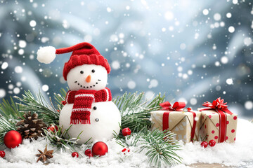 Fototapeta premium Festive Snowman With Presents In Snowy Winter Wonderland