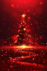 Christmas Tree With Star on Top and Red Glitter Background