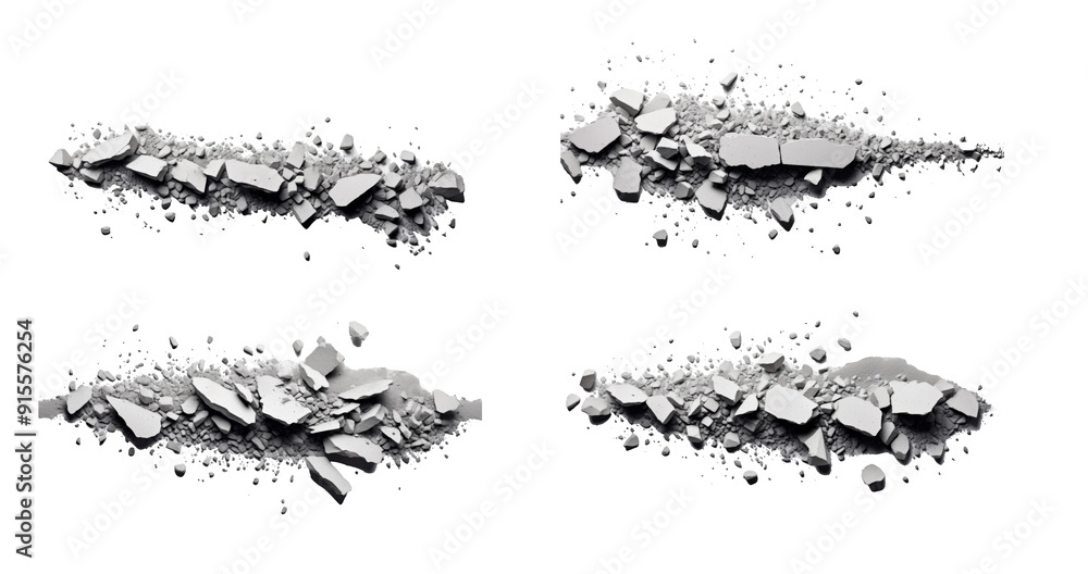 Poster shattered rock fragments lie scattered across a white background, forming an abstract arrangement sh