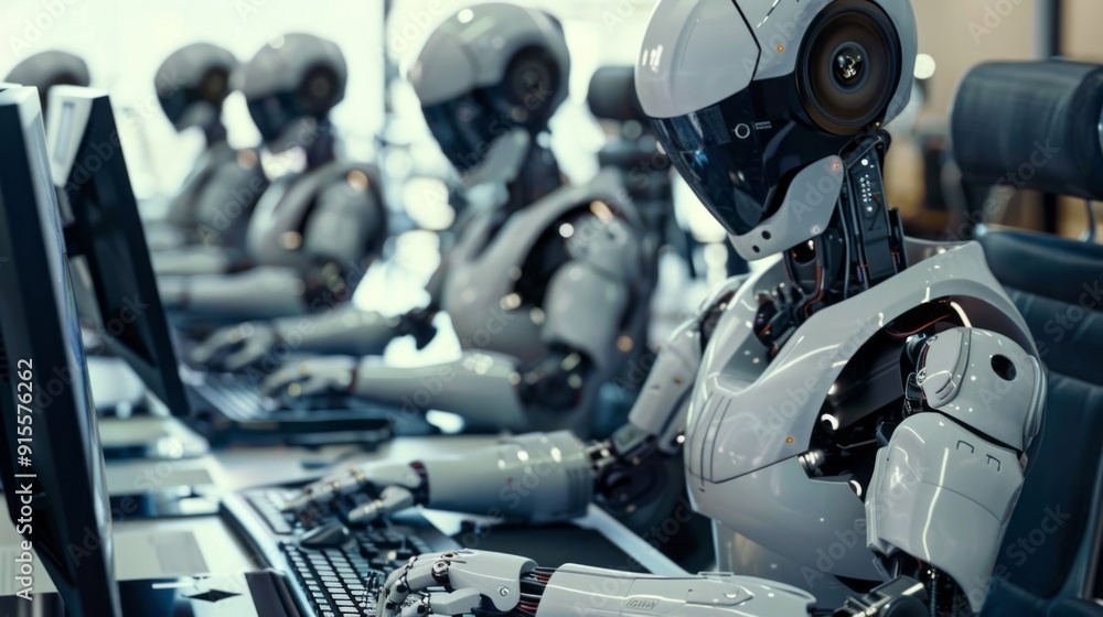 Poster A group of robots are working on a computer