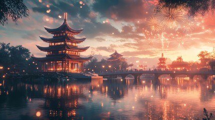 Fototapeta premium Festival with Fireworks and Traditional Architecture