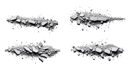 Shattered rock fragments lie scattered across a white background, forming an abstract arrangement showcasing different sizes and shapes