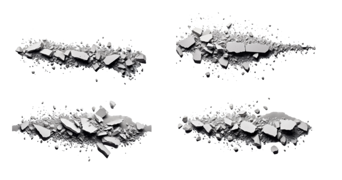 Shattered rock fragments lie scattered across a white background, forming an abstract arrangement showcasing different sizes and shapes