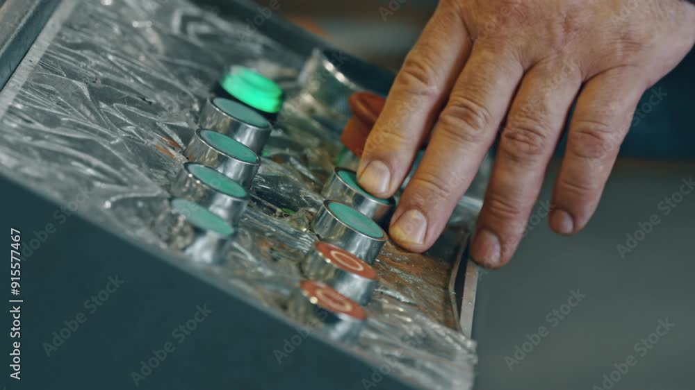 Poster hand operating industrial control panel, pressing buttons to operate machinery. worker interacts wit